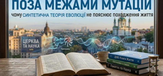 Обкладинка статті про спростування Синтетичної теорії еволюції з Біблією, ДНК та бактеріальним джгутиком на фоні Києва