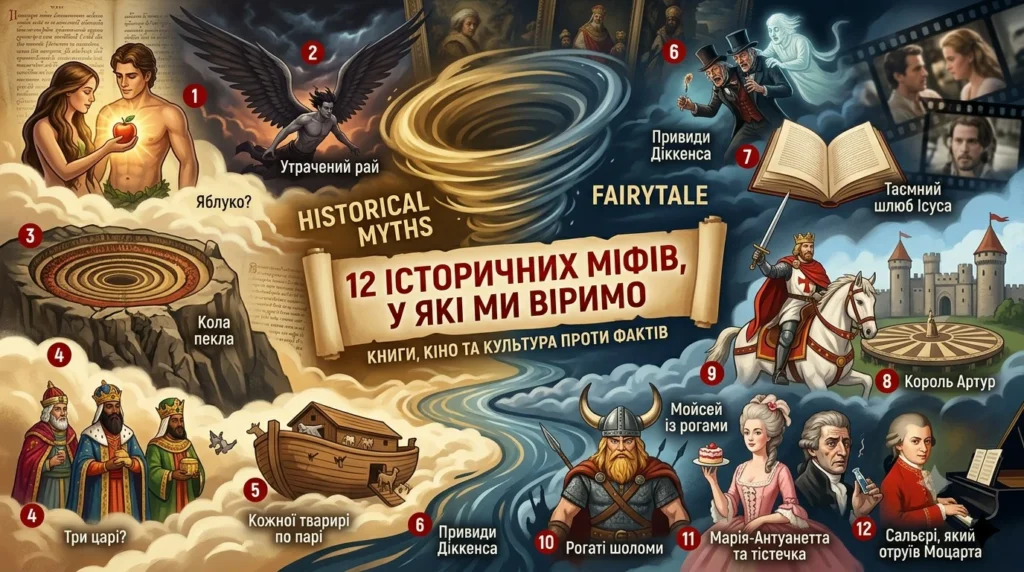 Колаж, що ілюструє 12 популярних історичних міфів, які спростовуються у статті, з центральним заголовком "12 ІСТОРИЧНИХ МІФІВ, У ЯКІ МИ ВІРИМО: КНИГИ, КІНО ТА КУЛЬТУРА ПРОТИ ФАКТІВ". Навколо заголовка розміщені пронумеровані ілюстрації, такі як Адам і Єва з яблуком, рогаті вікінги, Марія-Антуанетта з тістечками та інші.