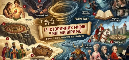 Колаж, що ілюструє 12 популярних історичних міфів, які спростовуються у статті, з центральним заголовком "12 ІСТОРИЧНИХ МІФІВ, У ЯКІ МИ ВІРИМО: КНИГИ, КІНО ТА КУЛЬТУРА ПРОТИ ФАКТІВ". Навколо заголовка розміщені пронумеровані ілюстрації, такі як Адам і Єва з яблуком, рогаті вікінги, Марія-Антуанетта з тістечками та інші.