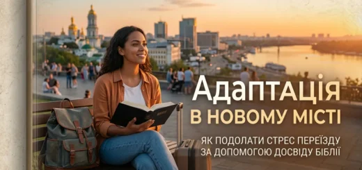 Обкладинка для статті, на якій зображена молода жінка, що посміхається і сидить на лавці на оглядовому майданчику в Києві на тлі Дніпра та куполів Києво-Печерської лаври на заході сонця. Вона тримає в руках розгорнуту Біблію, поруч стоять її валіза та рюкзак. На зображенні присутній великий текст українською мовою: «Адаптація в новому місті: як подолати стрес переїзду за допомогою досвіду Біблії