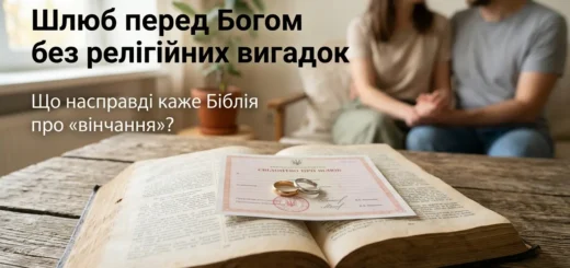 Ширококутне фото інтер'єру сучасної квартири в Києві. На передньому плані на дерев'яному столі лежить відкрита старинна Біблія, на якій лежать обручки та офіційне українське свідоцтво про шлюб з печаткою.