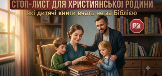 Обкладинка для статті, на якій зображена сучасна сім'я у затишній кімнаті з книжковими шафами. Мати без хустки, з охайно зібраним волоссям, сидить у кріслі й тримає на колінах стопку звичайних книг, гортаючи одну з них разом із сином. Поруч стоять батько та донька, які з цікавістю спостерігають за читанням. На полиці шафи на задньому плані розміщено круглий знак «STOP». У верхній частині зображення нанесено текстовий заголовок українською мовою: «СТОП-ЛИСТ ДЛЯ ХРИСТИЯНСЬКОЇ РОДИНИ: які дитячі книги вчать не за Біблією».